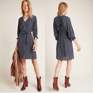Anthropologie‎ Maeve Sara Smocked Navy Plaid Shirt Dress Small (No Belt/Tie)